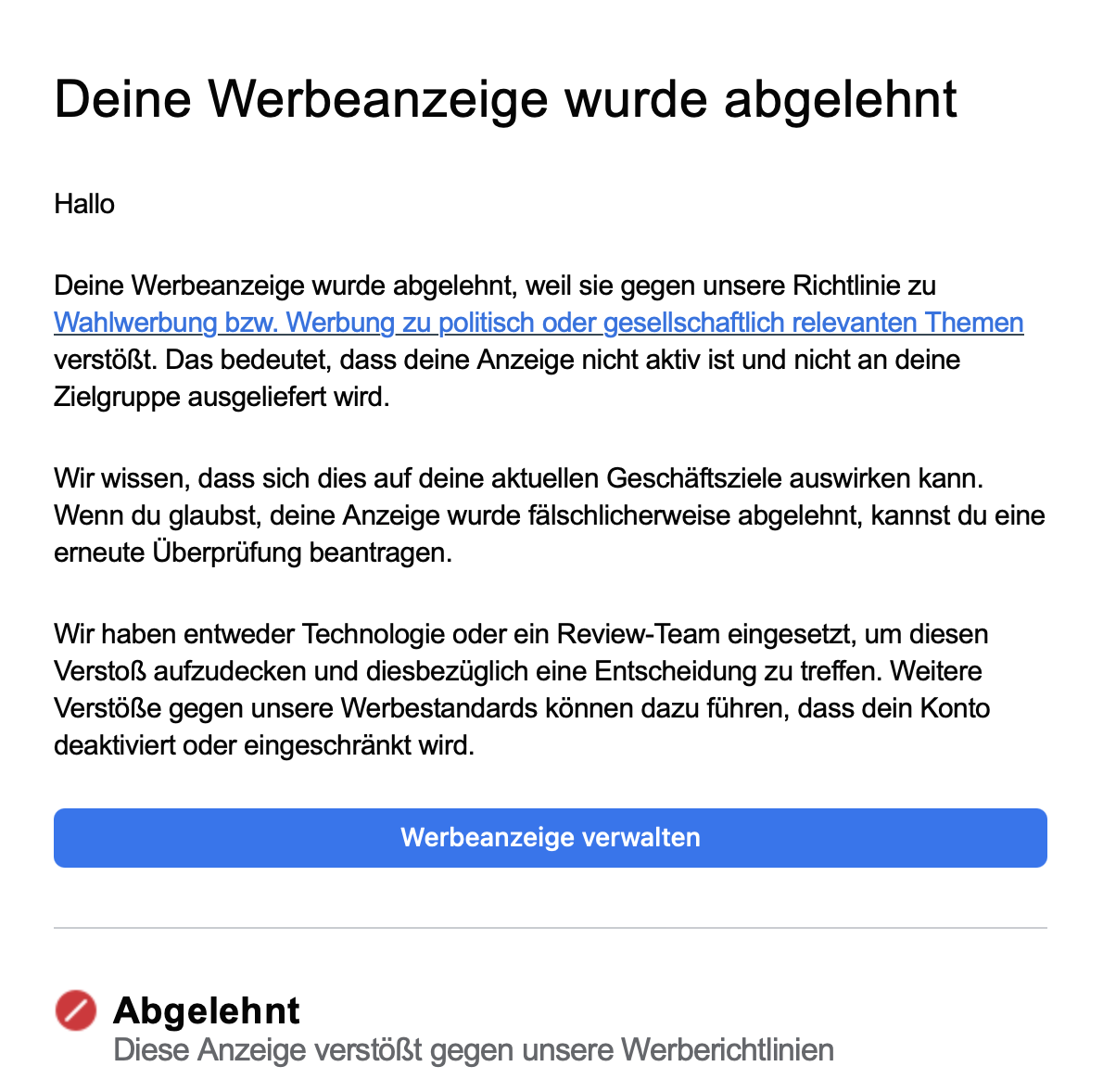 Screenshot einer Ablehnungs-E-Mail: „Deine Werbeanzeige wurde abgelehnt“